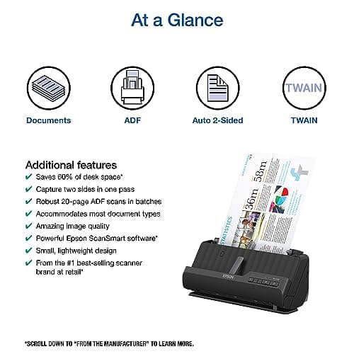 Epson Workforce ES-C220 Compact Desktop Document Scanner with 2-Sided Scanning and Auto Feeder (ADF) for PC as Well as Mac