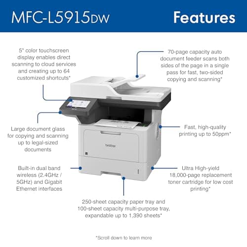 Brother Professional Laser Printer All-in-One with Scanner and Copier, High-Speed 50 ppm Monochrome Printing, Wireless Network Ready, Dual-Band WiFi, Auto 2-Sided Print (MFC-L5915DW)