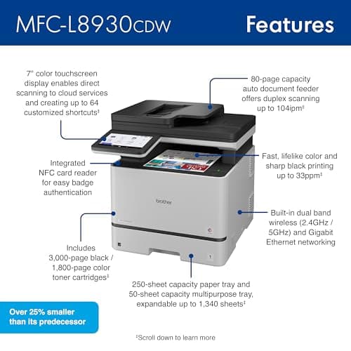Brother MFC-L8930CDW Business Color Laser All-in-One Printer with Duplex Print, Scan, Copy, Low-Cost Printing, and Advanced Security Features