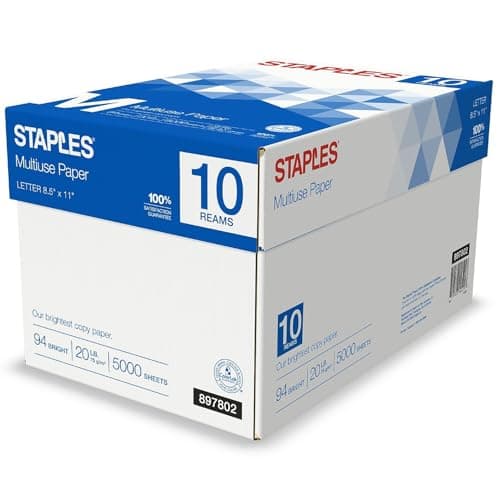 Staples Multipurpose Copy Printer Paper, 20 lb, 8.5 x 11 Inches, 10 Reams, 94 Bright, White