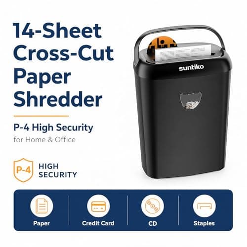 Suntiko 14 Sheet Cross Cut Paper Shredder for Home Office Use with P-4 High Security and 6.6 Gallon Bin for Credit Cards CDs or Staples ETL Certified Black