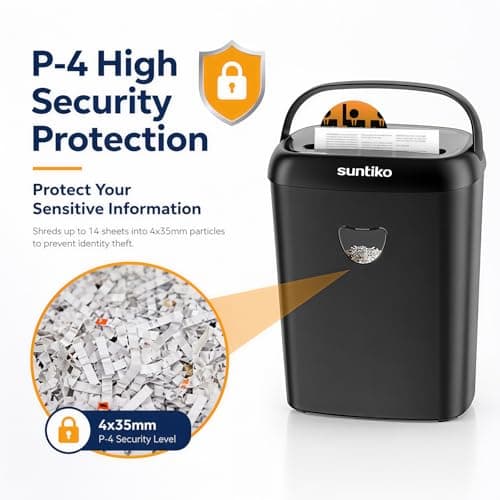 Suntiko 14 Sheet Cross Cut Paper Shredder for Home Office Use with P-4 High Security and 6.6 Gallon Bin for Credit Cards CDs or Staples ETL Certified Black