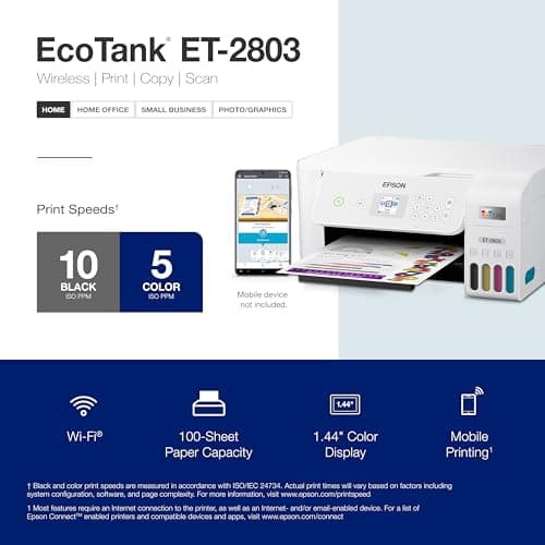 Epson EcoTank ET-2803 Wireless Color All-in-One Cartridge-Free Supertank Printer with Scan, Copy and AirPrint Support