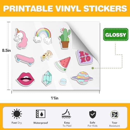 20 PCS Sticker Paper for Inkjet Printer, Printable Vinyl Sticker Paper Dries Quickly Vivid Colors, 8.5"x11" Tear Resistant Printable Vinyl, Glossy White, Inkjet & Laser Printer