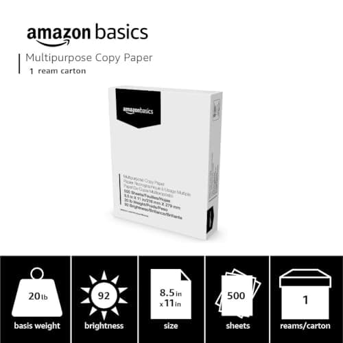 Amazon Basics Multipurpose Copy Printer Paper, 8.5 x 11 Inches, 20 lb, 92 Bright, White, 1 Ream (500 Sheets), Jam-Free