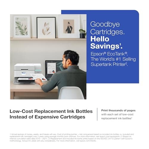 Epson EcoTank ET-3950 Wireless All-in-One Color Supertank Printer with up to 3 Years of Ink Refillable Tanks, Perfect for Home Office, 18 PPM, 2.4" Colorful Touchscreen, Auto Document Feeder - White