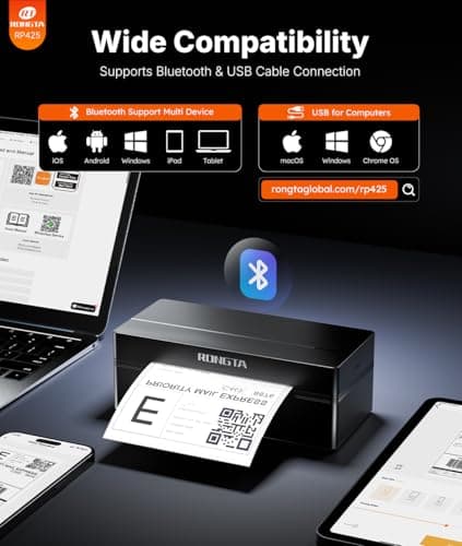 Rongta Bluetooth Shipping Label Printer, Wireless 4x6 Thermal Label Printer for Shipping Packages, Support Android, iPhone, Widely Used for Amazon, Ebay, Shopify, Etsy, UPS, Black