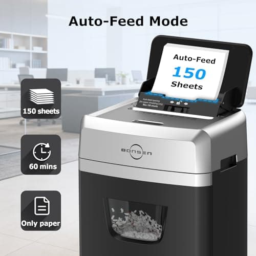 BONSEN 150-Sheet Autofeed Paper Shredder Heavy Duty, 60 Mins Micro-Cut Shredder for Office, 6 Gal Large Capacity Bin P-4 High Security Commercial Document Shredders for Home Office S3114