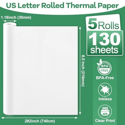 TUXIYA 5 Rolls Thermal Printer Paper 8.5"x11" US Letter Size, BPA free Quick-Dry Thermal Paper,Thermal Printing Paper Rolls Compatible Most Portable Printers(About 130 Sheets)