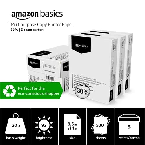 Amazon Basics 30% Recycled Multipurpose Copy & Print Paper, 8.5 x 11 Inches, 20 lb Weight, 92 Bright, White, FSC Certified, 1500 Sheets (3 Reams)