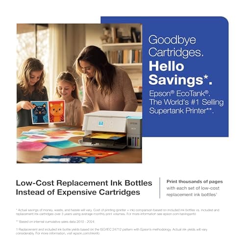 Epson EcoTank ET-2980 Wireless All-in-One Color Supertank Printer with up to 3 Years of Ink Refillable Tanks, Perfect for Home, 15 PPM, 1.44" Colorful Screen, Auto 2-Sided Printing - White