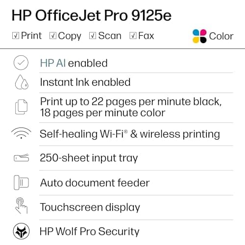 HP OfficeJet Pro 9125e Wireless All-in-One Color Inkjet Printer, Print, scan, copy, fax, ADF, Duplex printing best-for-office, 3 month Instant Ink trial included, AI-enabled (403X0A)
