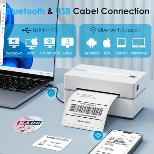KNAON Bluetooth Thermal Shipping Label Printer, 4x6 Portable Thermal Address Label Printer for Small Business, Compatible with iPhone,Android,Windows,Mac–Works with Etsy Shopify USPS&More, White