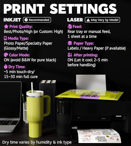 Premium Printable Vinyl Sticker Paper for Inkjet Printer and Laser - 20 White Matte Sticker Paper Waterproof - Durability Adhesive Paper 8.5 x 11, Fast Dry, Holds Ink Well, Great for Cutting Machines