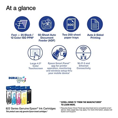 Epson Workforce Pro WF-4830 Wireless All-in-One Printer, Auto 2-Sided Print Copy, Scan/Fax, 50-Page ADF, 500-sheet Paper Capacity, and 4.3" Color Touchscreen, Works with Alexa - Black
