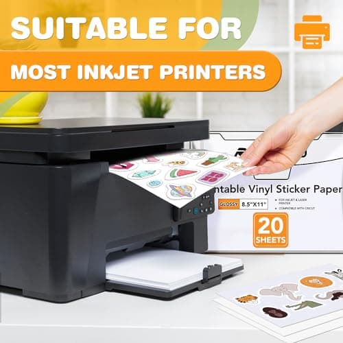20 PCS Sticker Paper for Inkjet Printer, Printable Vinyl Sticker Paper Dries Quickly Vivid Colors, 8.5"x11" Tear Resistant Printable Vinyl, Glossy White, Inkjet & Laser Printer