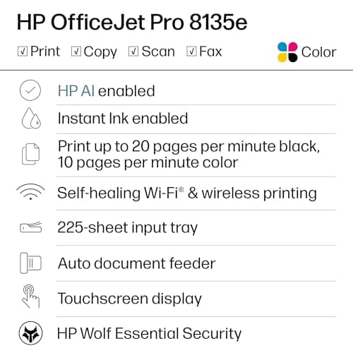 HP OfficeJet Pro 8135e Wireless All-in-One Color Inkjet Printer, Print, scan, Copy, fax, ADF, Duplex Printing Best-for-Home Office, 3 Month Instant Ink Trial Included, AI-Enabled (40Q35A)