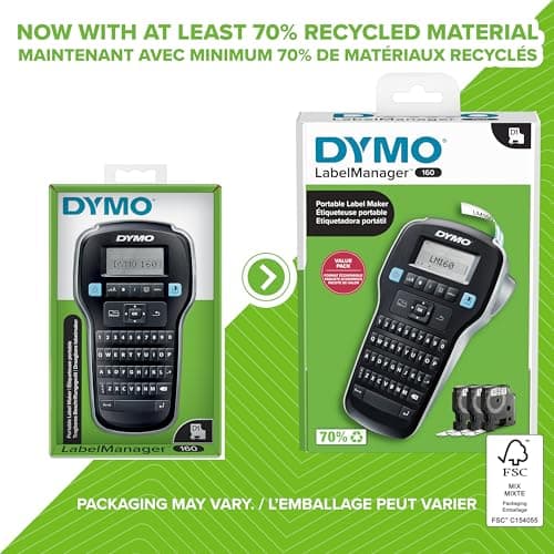 DYMO LabelManager 160 Label Maker Bundle with 3 D1 Label Cassettes, Portable Handheld, QWERTY Keyboard, One-Touch Smart Keys, Large Display, Home & Office Organization