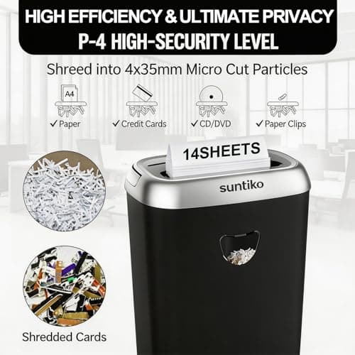 Suntiko 14-Sheet Cross Cut Paper Shredder for Home Office, P-4 High Security Heavy Duty Shredder for Office Use, Jam Proof Paper Shredder with 6.6 Gallon Bin for Credit Card CD Staples, ETL Certified