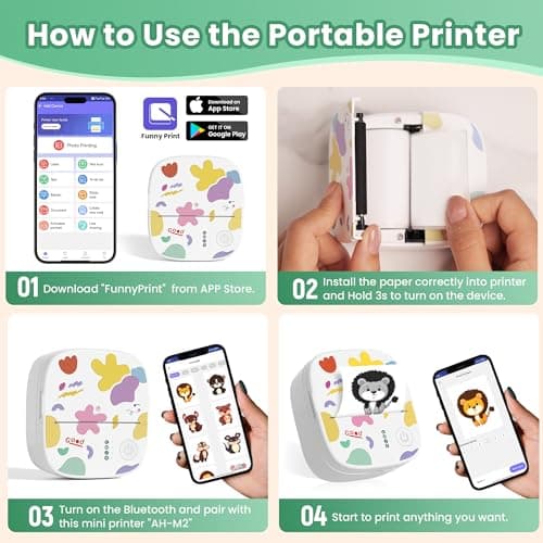 XenGro Mini Sticker Printer AHM2, Mini Thermal Printer with 3 Rolls Paper, Portable Bluetooth Inkless Printpods, Pocket Label Maker Suitable for Creative Kids DIY, Diaries, Photos, Study Notes -White