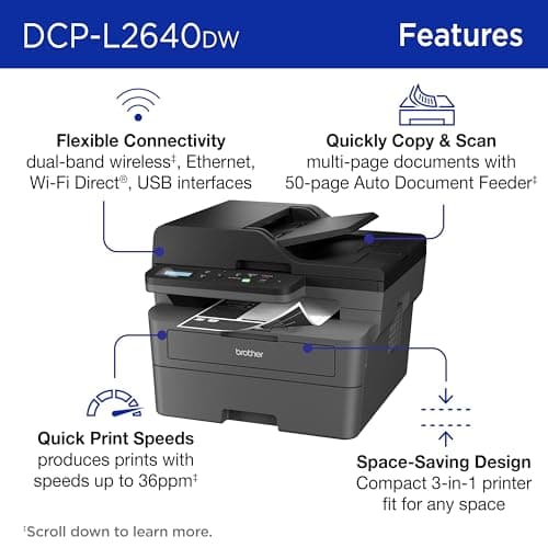 Brother DCP-L2640DW Wireless Compact Monochrome Multi-Function Laser Printer with Copy and Scan, Duplex, Mobile, Black & White | Includes Refresh Subscription Trial(1), Works with Alexa