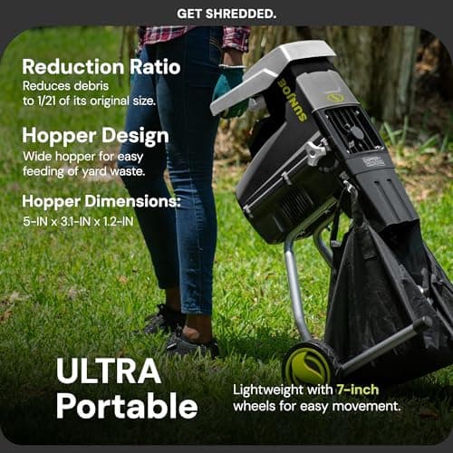 Sun Joe Corded Wood Chipper Shredder and Waste Shredding Machine with Collection Bag, 1.7-Inch Cutting Diameter, 15-Amp Motor - Portable Electric Equipment for Lawn, Garden, and Yard Care, CJ603E