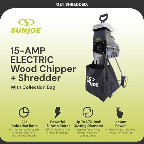 Sun Joe Corded Wood Chipper Shredder and Waste Shredding Machine with Collection Bag, 1.7-Inch Cutting Diameter, 15-Amp Motor - Portable Electric Equipment for Lawn, Garden, and Yard Care, CJ603E